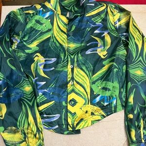 2pc Vibrant Green and Yellow Patterned Shirt and matching shorts, size Small